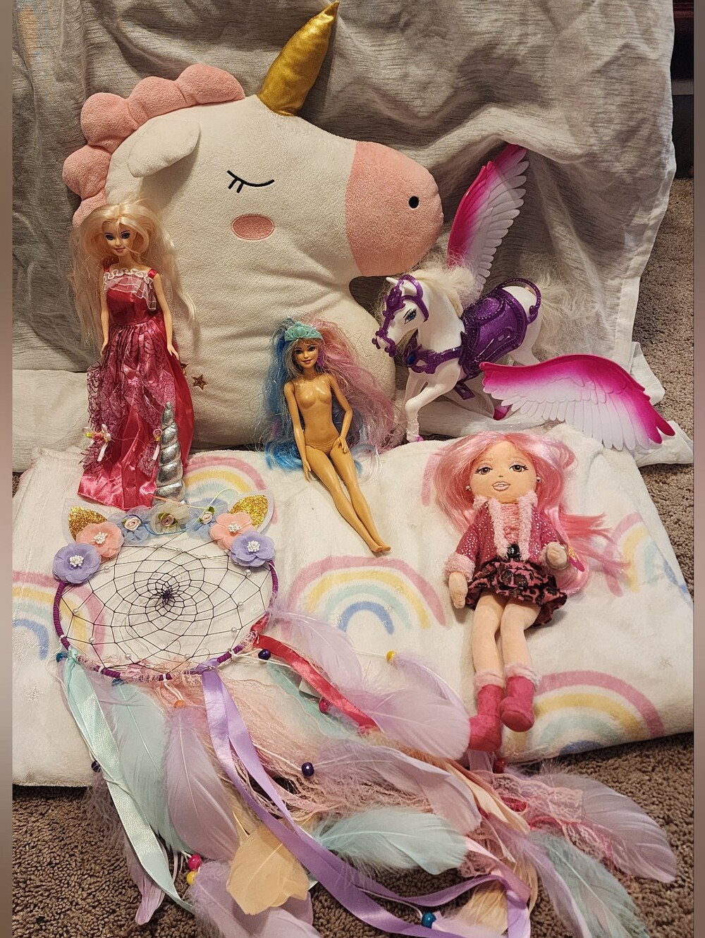 Girls Unicorn Mixed Lot, Dreamcatcher, Dolls, Pegasus Toy (Broken Wing), Blanket